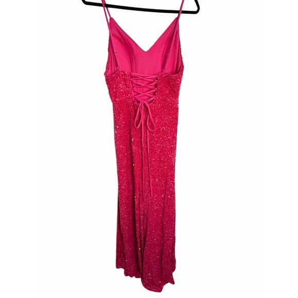 Hot Pink Sequin Formal Gown Size 12 Lace Up Back Maxi Dress Prom Evening Wedding - Picture 14 of 16